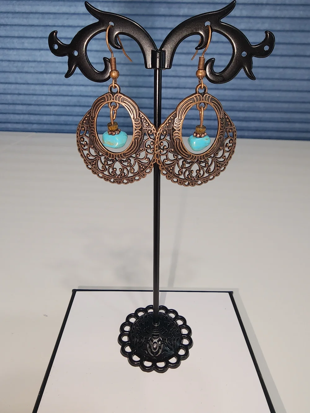Turquoise Like Bead Copper Filigree Dangle Earrings